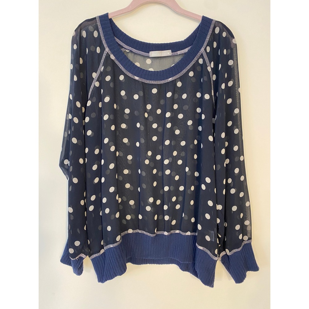 Olivia Moon Black and Navy Blue White Polka Dot Sheer Blouse XL